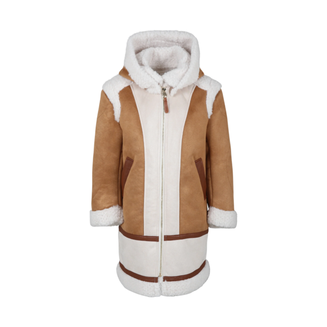(키즈) 끌로에 포우 퍼 로고 코트 브라운((Kids) Chloe Faux Fur Coat with Logo Brown)