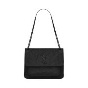 Saint Laurent Black Monogram Niki Medium Bag with Black Chain Strap in Crinkled Vintage Leather Black