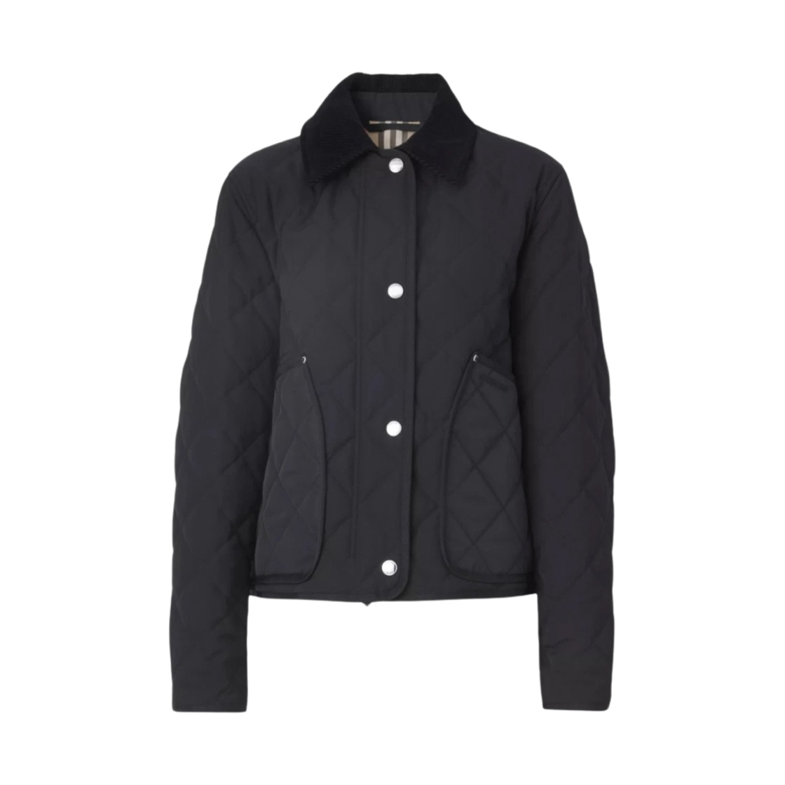 (W) 버버리 코듀로이 칼라 다이아몬드 퀼티드 크롭 반 자켓 블랙((W) Burberry Corduroy Collar Diamond Quilted Cropped Barn Jacket Black)