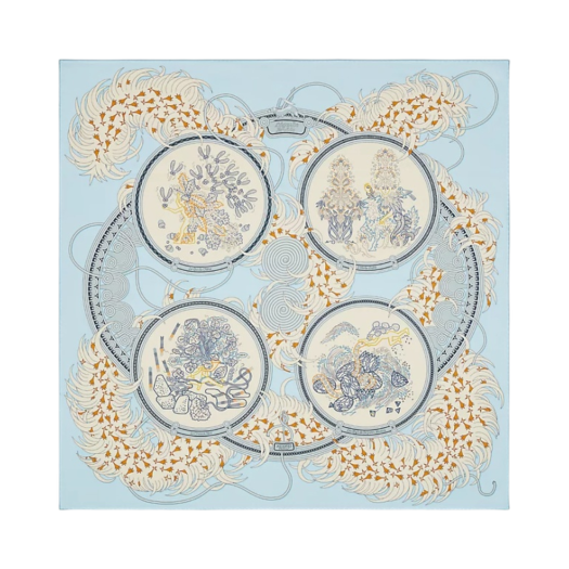 (W) Hermes Legende Brodee Scarf 90 Bleu Ciel Creme Marine