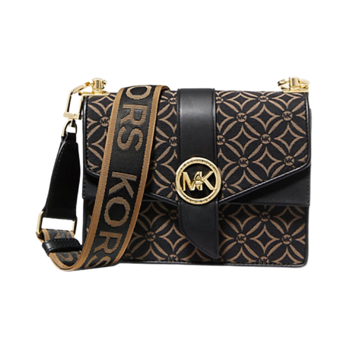32F2GGRC1J293 Michael Kors Greenwich Small Logo Jacquard Crossbody Bag Black Dark Camel
