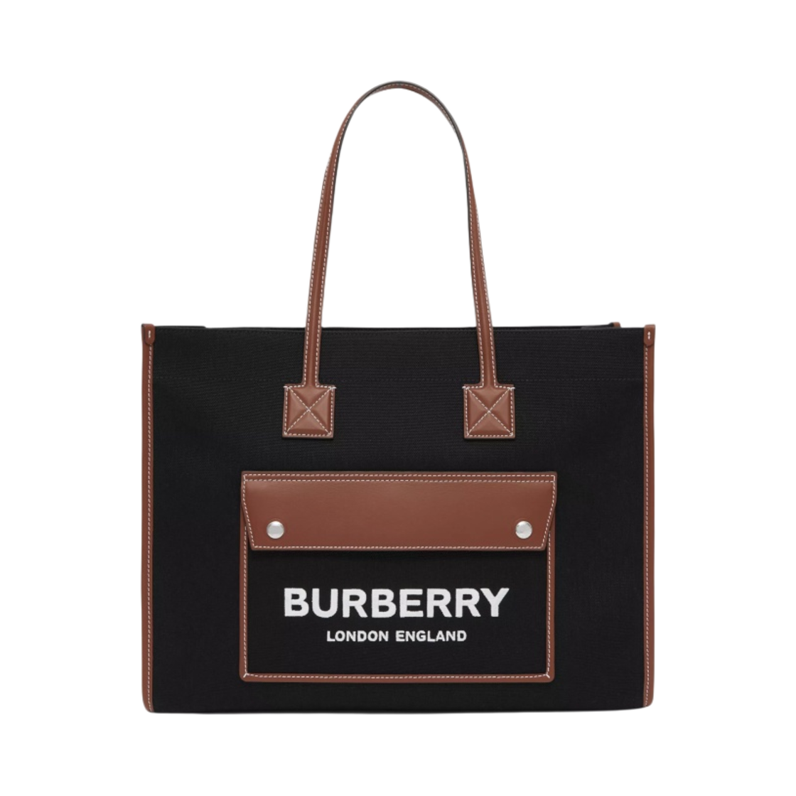 버버리 미디움 투톤 캔버스 레더 프레야 토트백 블랙 탄