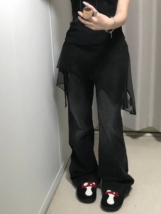 BLR Asymmetrical Frill Strap Layered Skirt Black, (W) BLR Asymmetric Semi-Bootcut Denim Pants 착용 스타일
