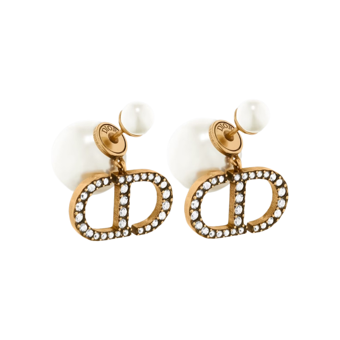 (W) 디올 트리발 이어링 앤티크 골드 피니쉬 메탈 화이트 레진 펄 화이트 크리스탈((W) Dior Tribales Earrings Antique Gold Finish Metal White Resin Pearls White Crystals) - 1