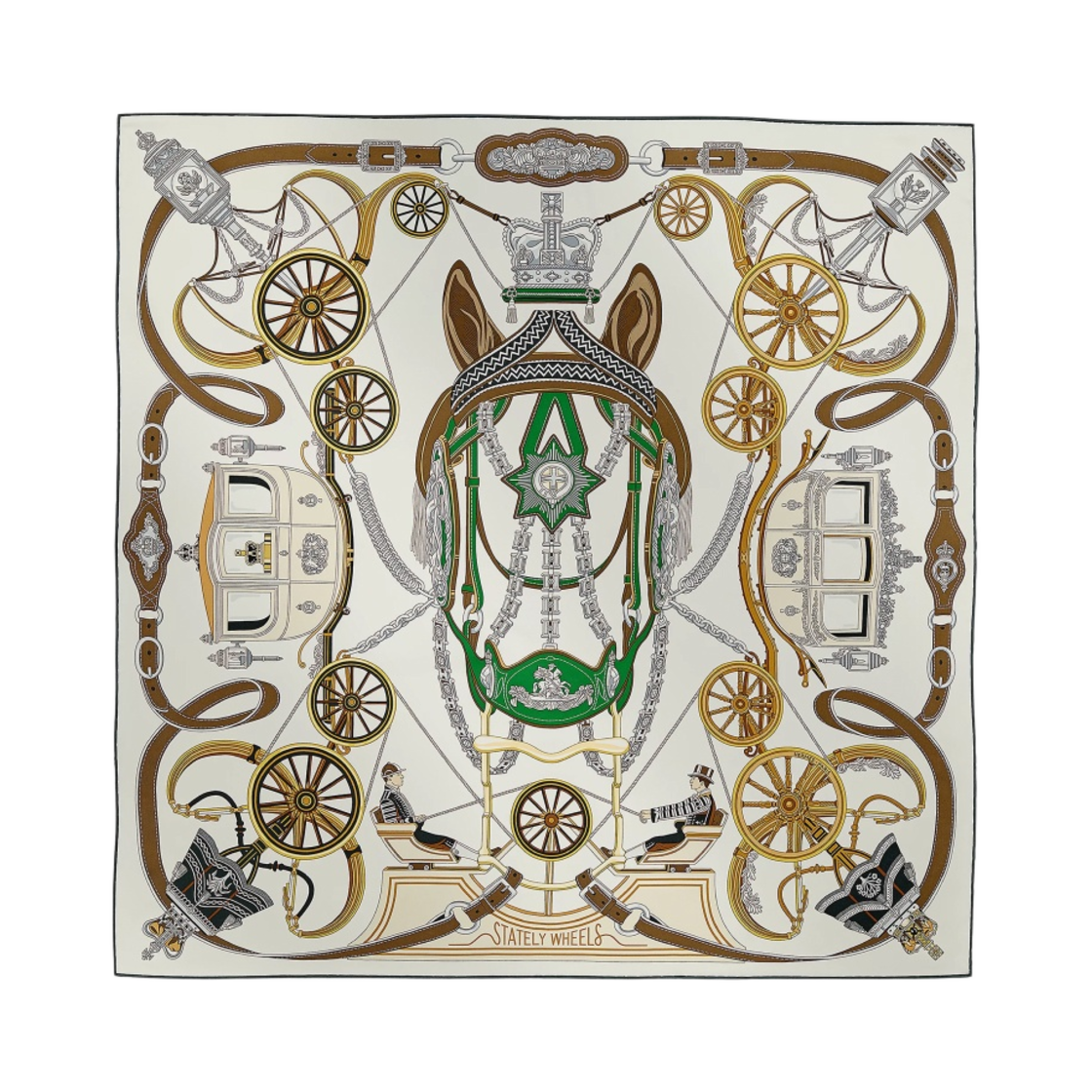 H004163S07 (W) Hermes Stately Wheels Scarf 90 Blanc Vert Etoupe