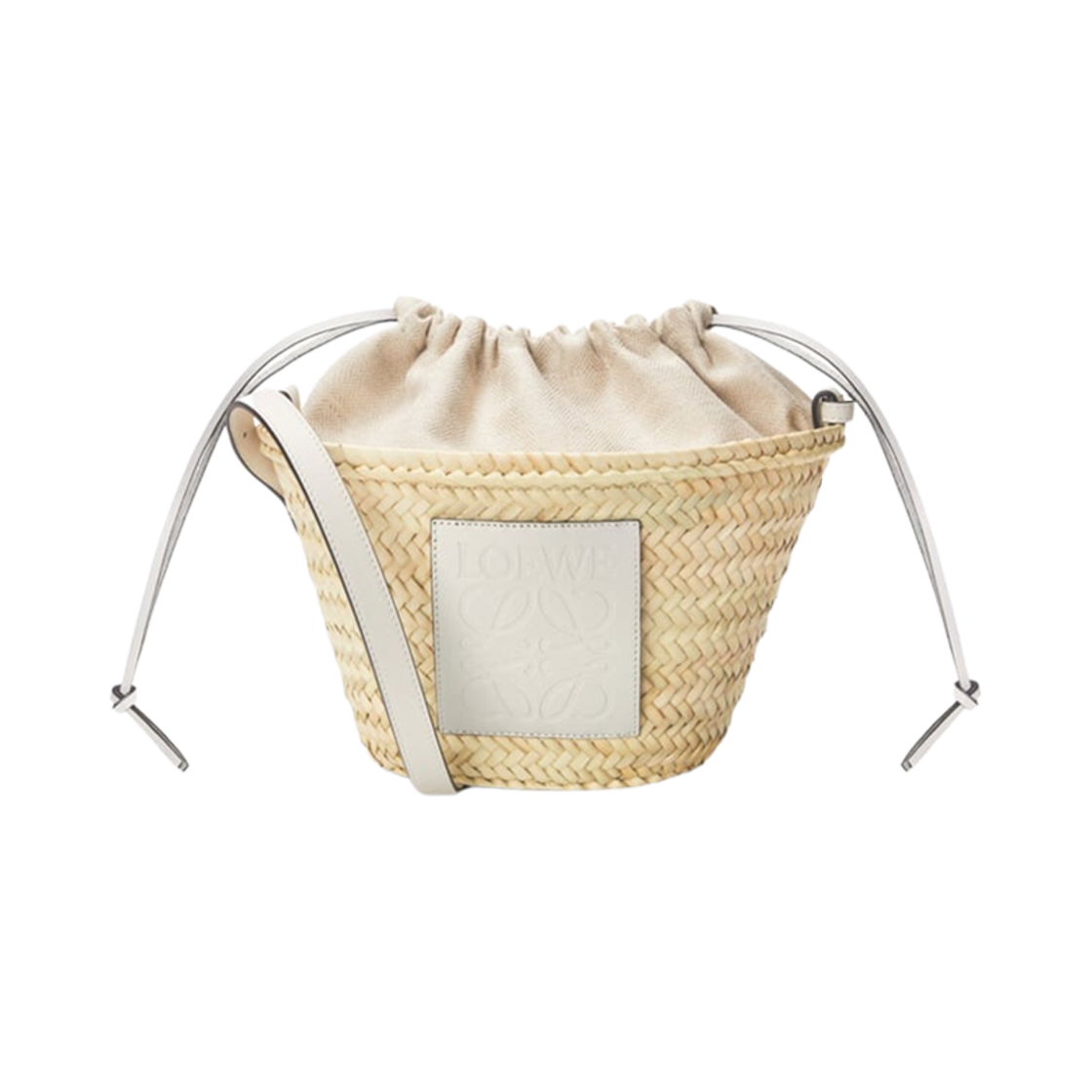 A223222X01-2163 Loewe Drawstring Bucket Bag In Palm Leaf and Calfskin Natural White