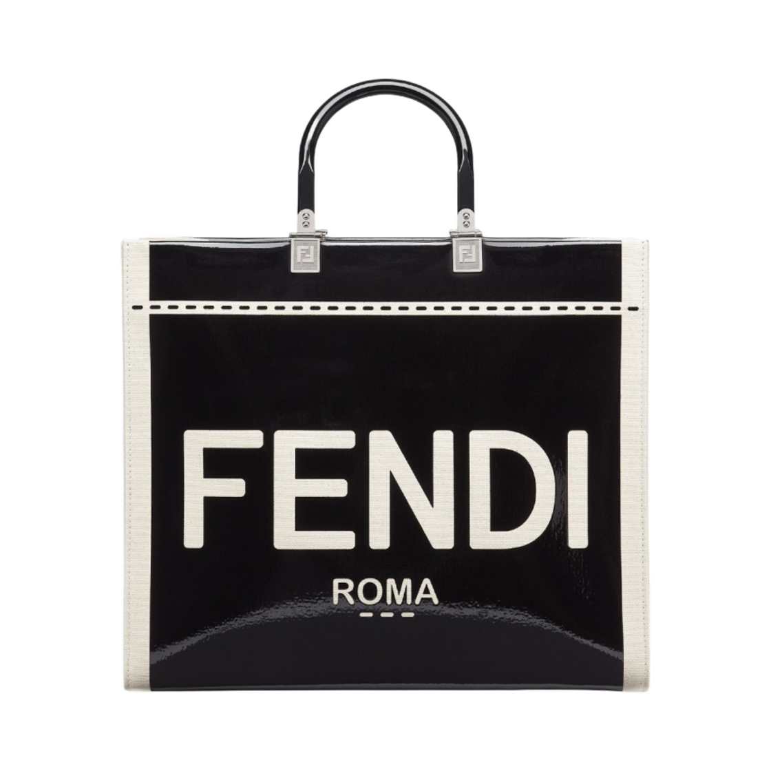 펜디 선샤인 미디움 캔버스 페이턴트 레더 쇼퍼 블랙