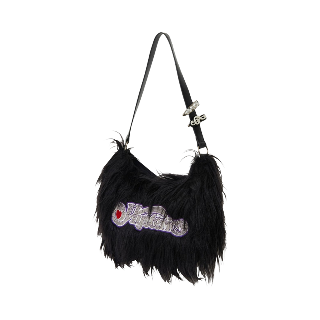 (W) 히스테릭 글래머 랩드 하트 로고 자수 퍼 백 블랙((W) Hysteric Glamour Wrapped Heart Logo Embroidered Fur Bag Black)