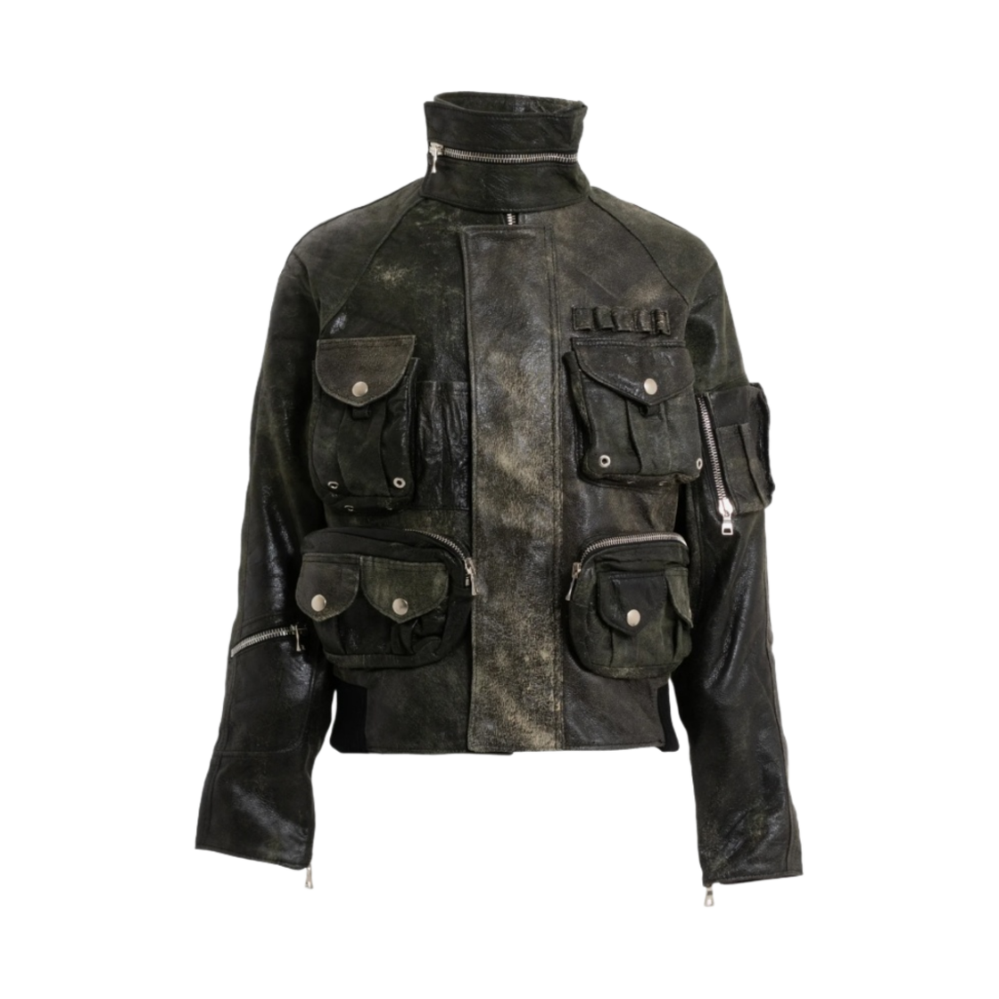 노페이스 스튜디오 멀티 포켓 3D 레더 자켓 유즈드 그린(No/Faith Studios Multipocket 3D Leather Jacket Used Green)