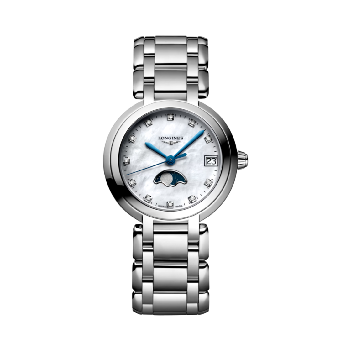 (W) 론진 프리마루나 문페이즈 30.5mm 스테인리스 스틸 화이트 마더 오브 펄((W) Longines PrimaLuna Moonphase 30.5mm Stainless Steel White Mother of Pearl)
