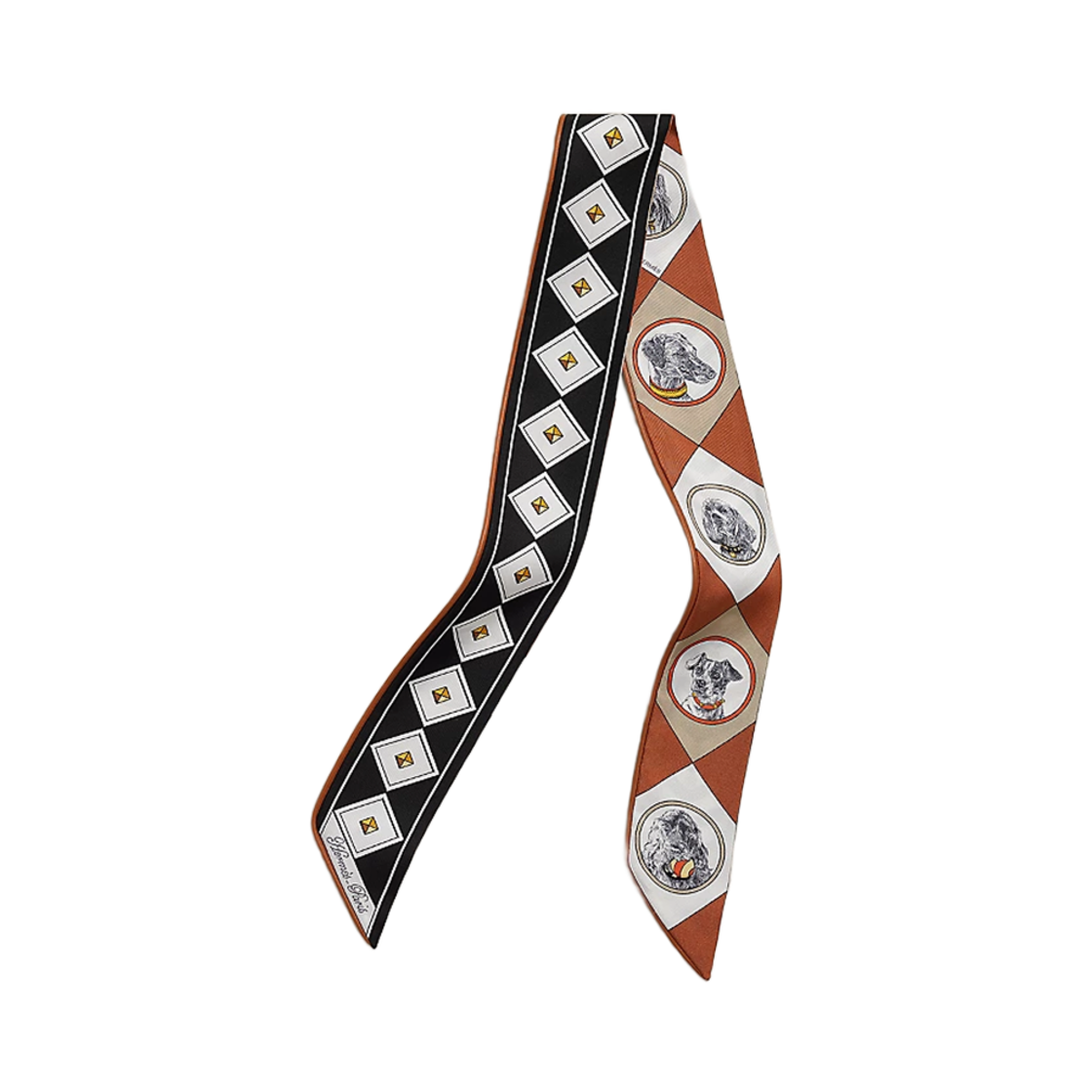 H063453S25 (W) Hermes Colliers Et Chiens Forever Twilly Noir Blanc Caramel