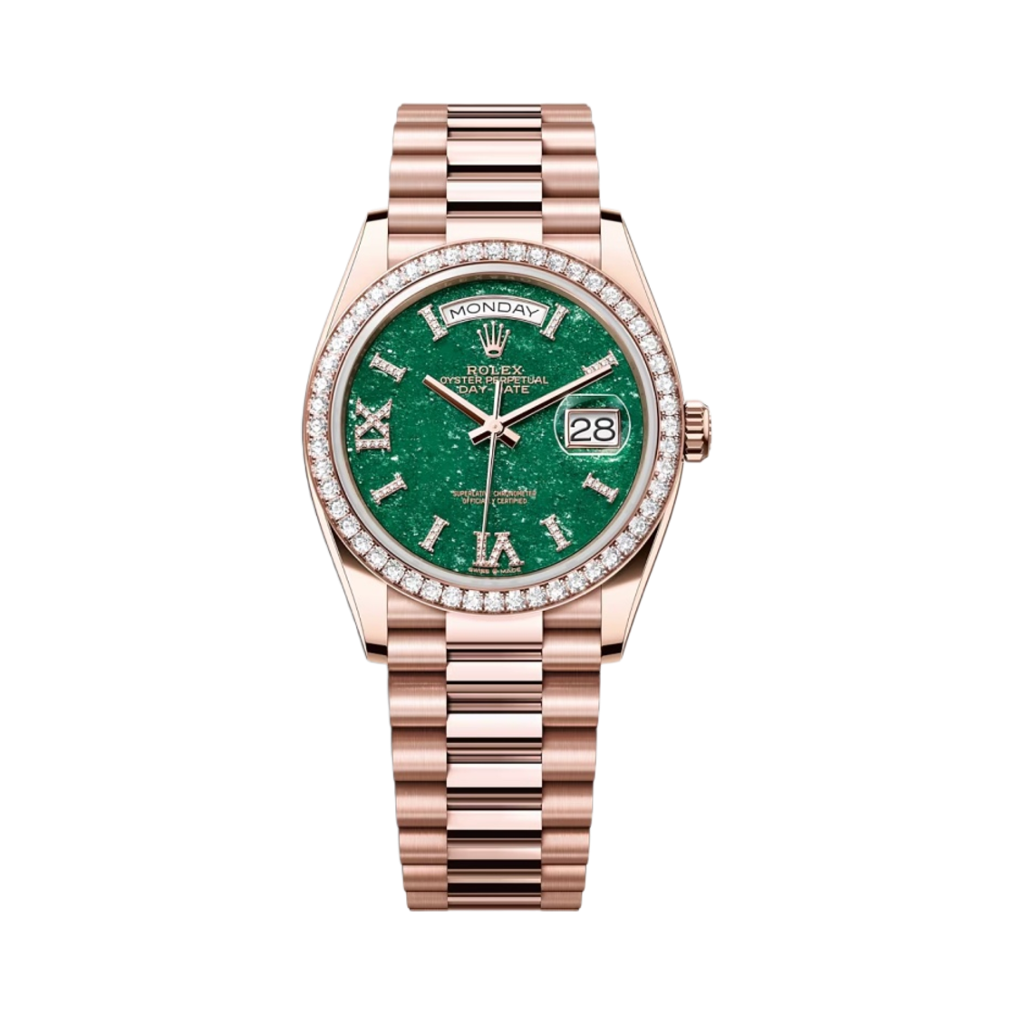 롤렉스 데이데이트 36mm 128345RBR 그린 어벤추린 로만 다이아 셋팅 프레지던트