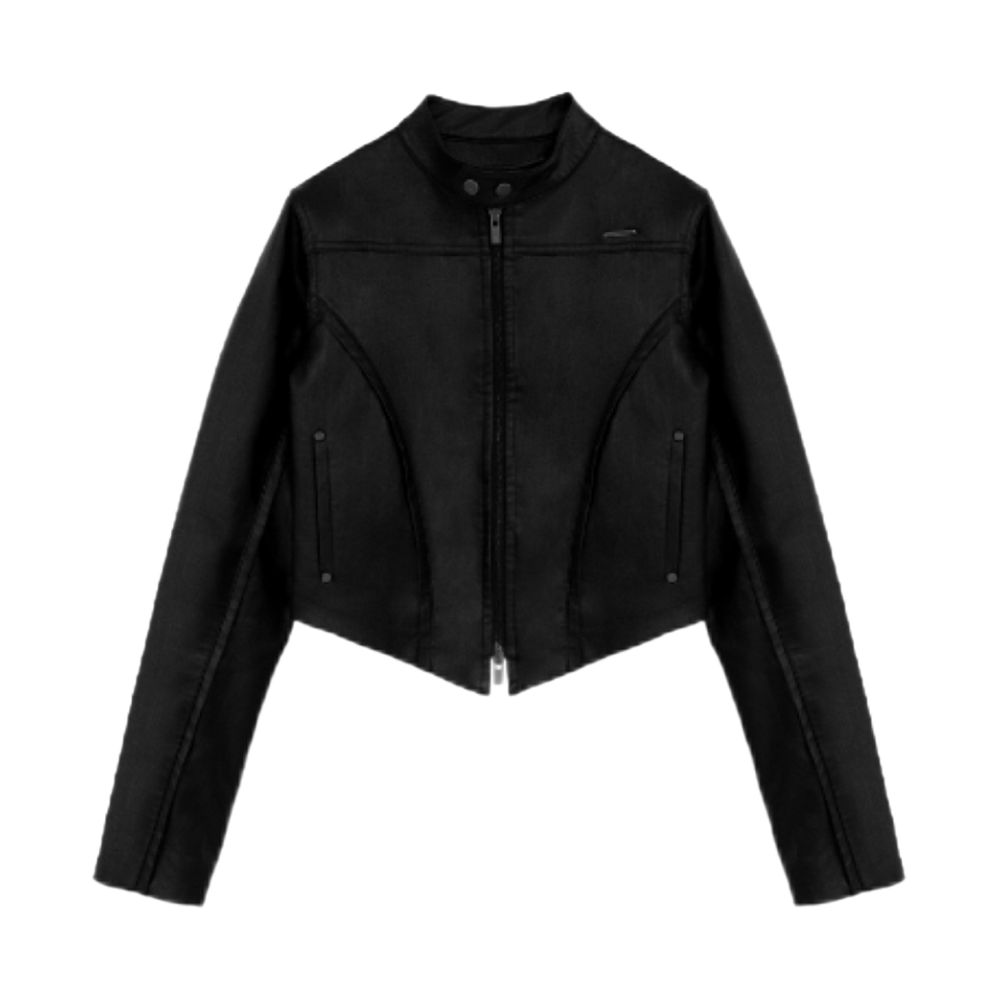 (W) 트리밍버드 V 쉐입 레더 바이커 자켓 블랙((W) Treemingbird V-Shape Leather Biker Jacket Black)