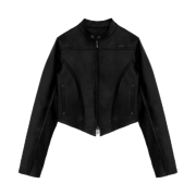 (W) Treemingbird V-Shape Leather Biker Jacket Black