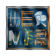 (W) Hermes Lettres Equestre Scarf 90 Bleu Ardoise Vert Parme