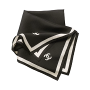 (W) Chanel Square Scarf Silk Twill & Black Ecru