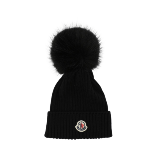 (Kids) Moncler Wool Beanie with Pom Pom Black - 24FW