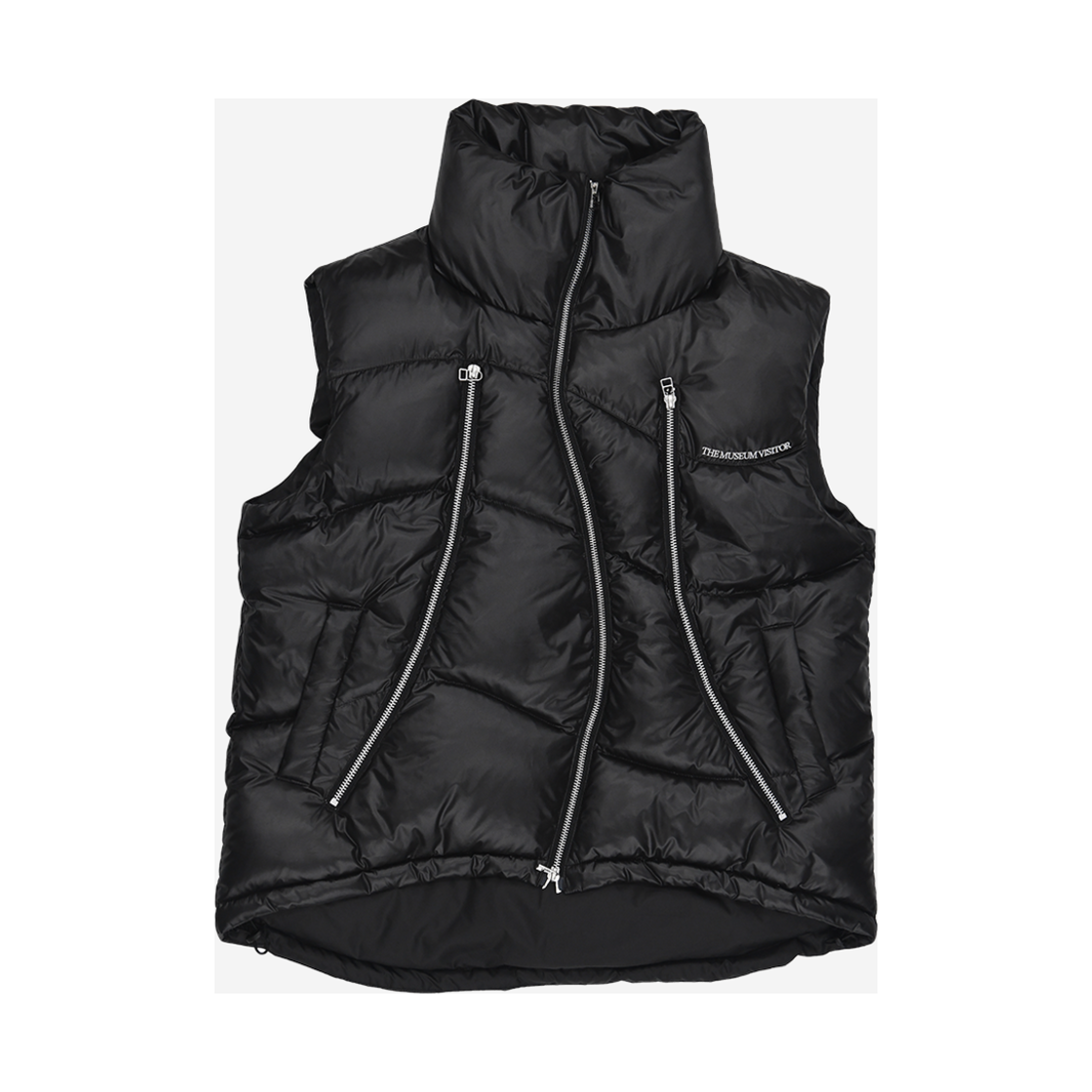 더뮤지엄비지터 크림 커브드 지퍼 푸퍼 다운 베스트 글로시 블랙(The Museum Visitor KREAM Curved Zipper Puffer Down Vest Glossy Black - 23FW)