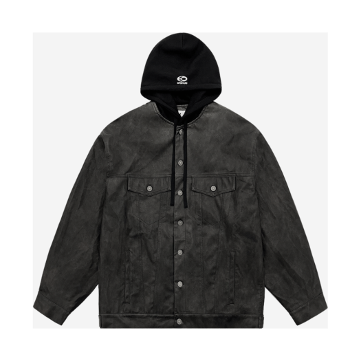 OYBDS1OU029BK OY Vintage Vegan Leather Hoodie Trucker Jacket Black