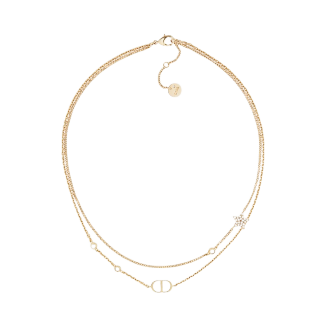 (W) 디올 쁘띠 CD 더블 네클리스 골드 피니쉬 메탈 & 화이트 크리스탈((W) Dior Petit CD Double Necklace Gold Finish Metal & White Crystals)