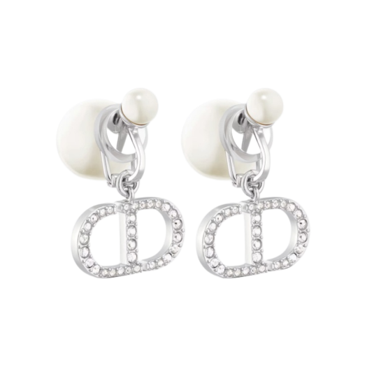 (W) Dior Tribales Clip Earrings Silver Finish Metal White Resin Pearls Silver Tone Crystals