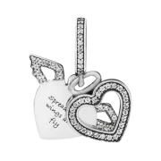 (W) Pandora Heart and Angel Wings Dangle Charm Sterling Silver Clear