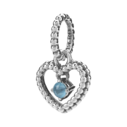 (W) Pandora December Birthstone Beaded Heart Dangle Charm Sterling Silver Sky Blue