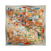 (W) Hermes Mille et Un Lapins Scarf 90 Gris Clair Beige Dore Multicolore
