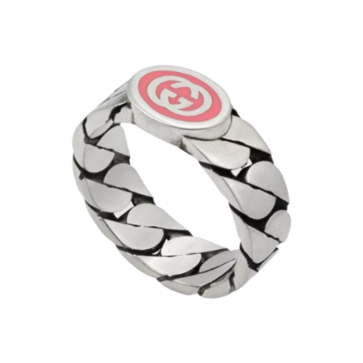 Gucci Interlocking G Enamel Ring Silver Pink Enamel