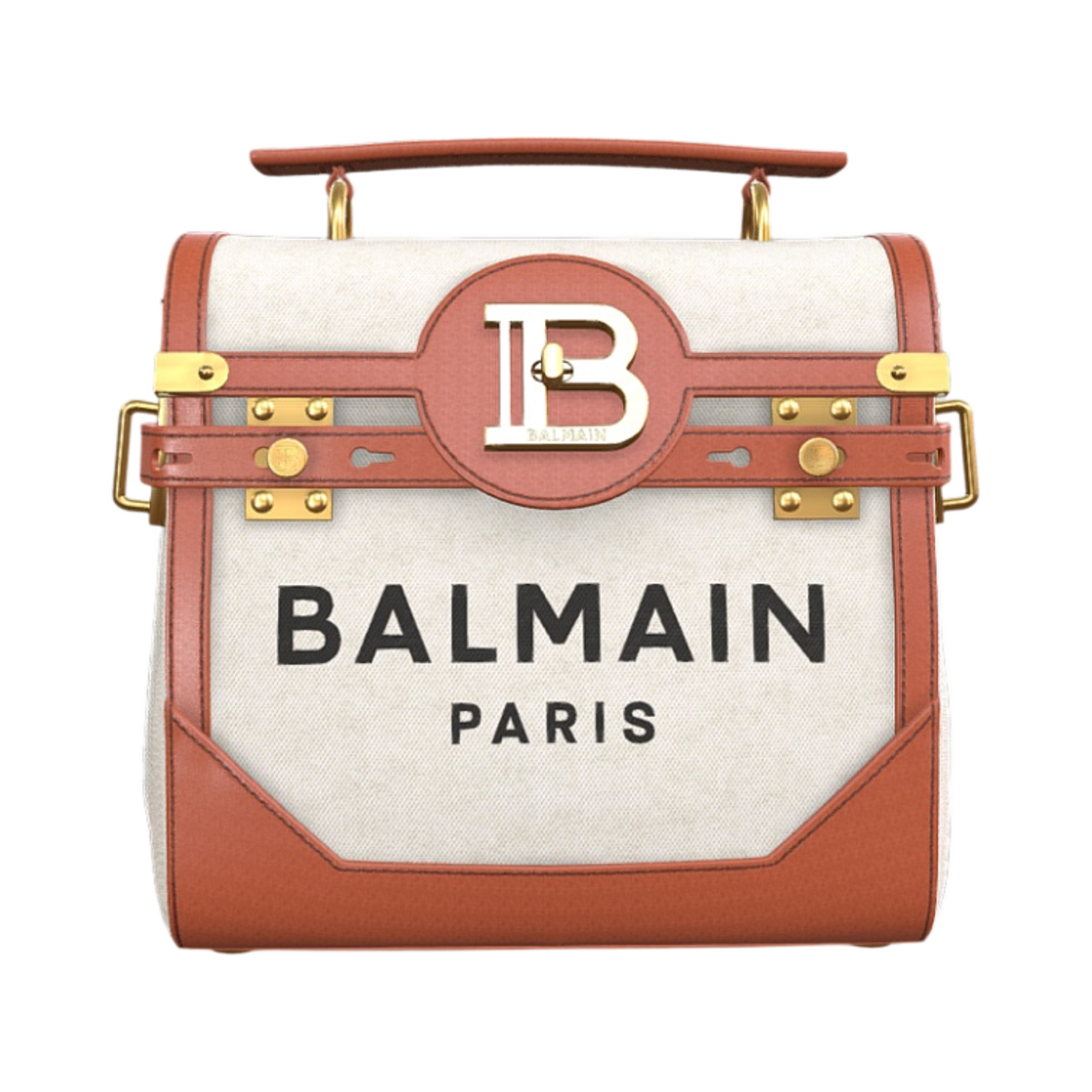 발망 브라운 레더 에크루 캔버스 비 버즈 23백 베이지(Balmain Ecru Canvas B-Buzz 23 Bag with Brown Leather Panels Beige)