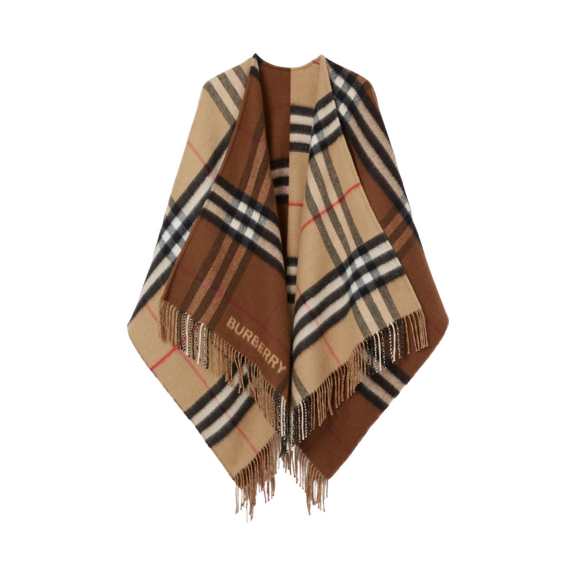 8059406 (W) Burberry Contrast Check Wool Cashmere Cape Archive Beige Dark Birch Brown