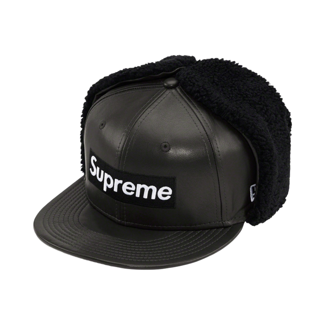 슈프림 레더 이어플랩 박스로고 뉴에라 블랙 - 22FW