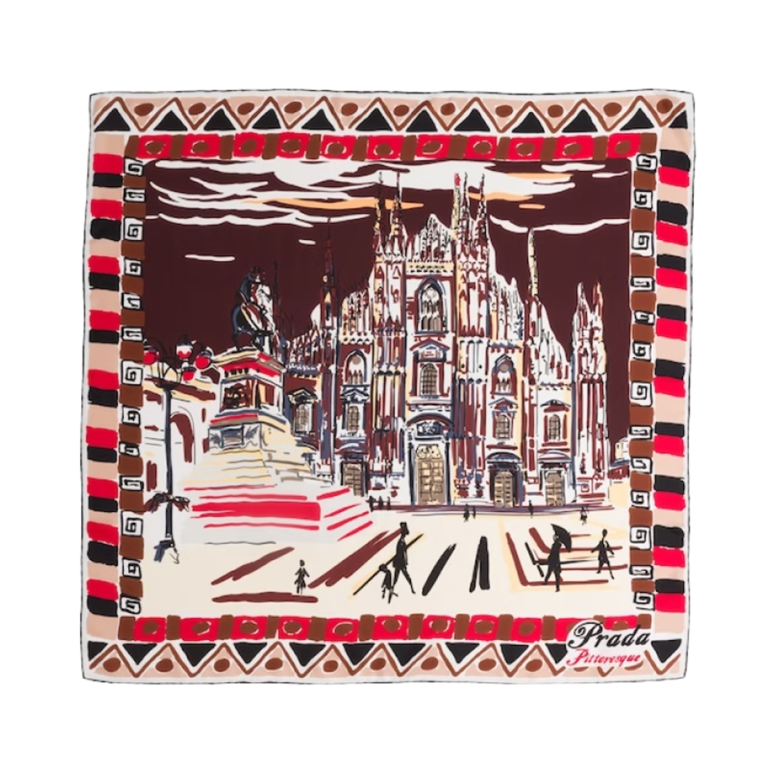 (W) 프라다 피토레스크 밀란 프린트 90 실크 풀라드 버건디((W) Prada Pittoresque Milan Print 90 Silk Foulard Burgundy) - 1