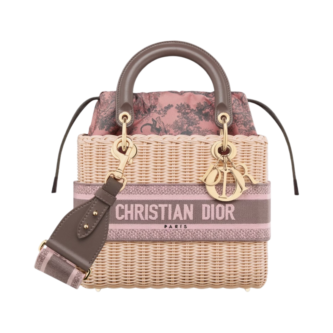 디올 미디움 레이디 백 내츄럴 위커 트왈 드 주이 소바쥬 코튼 캔버스 핑크 그레이(Dior Medium Lady Bag Natural Wicker Toile De Jouy Sauvage Cotton Canvas Pink Gray) - 1