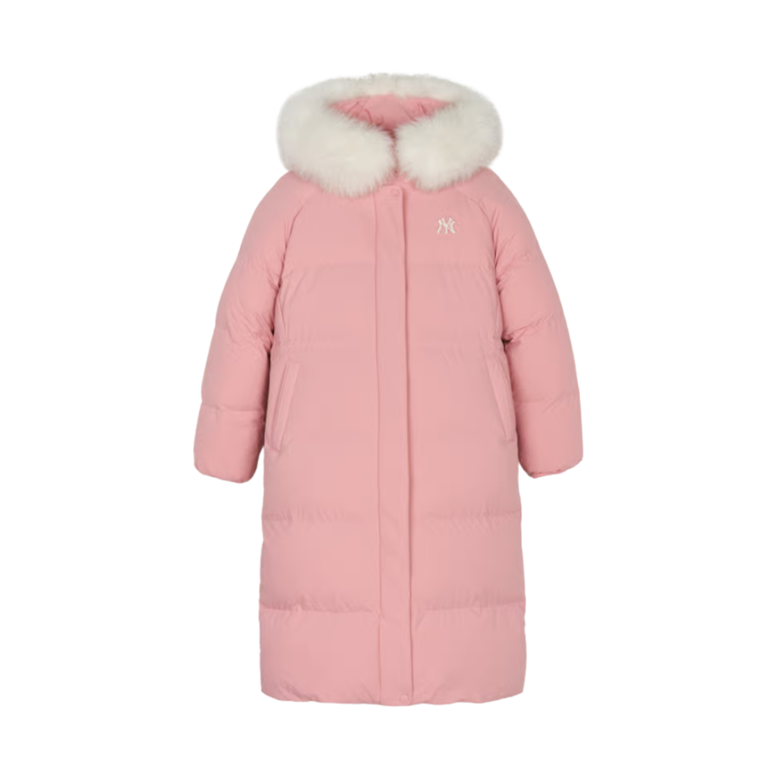 (W) MLB 베이직 후드 퍼 롱 푸퍼 자켓 뉴욕 양키스 MG.핑크((W) MLB Basic Hooded Fur Long Puffer Jacket New York Yankees MG.Pink)