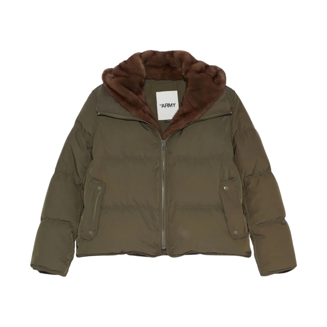 (W) 이브 살로몬 테크니컬 패브릭 롱 헤어 밍크 후드 빕 라인 다운 자켓 카키((W) Yves Salomon Line Down Jacket in Technical Fabric with Long-Haired Mink Hooded Bib Khaki)