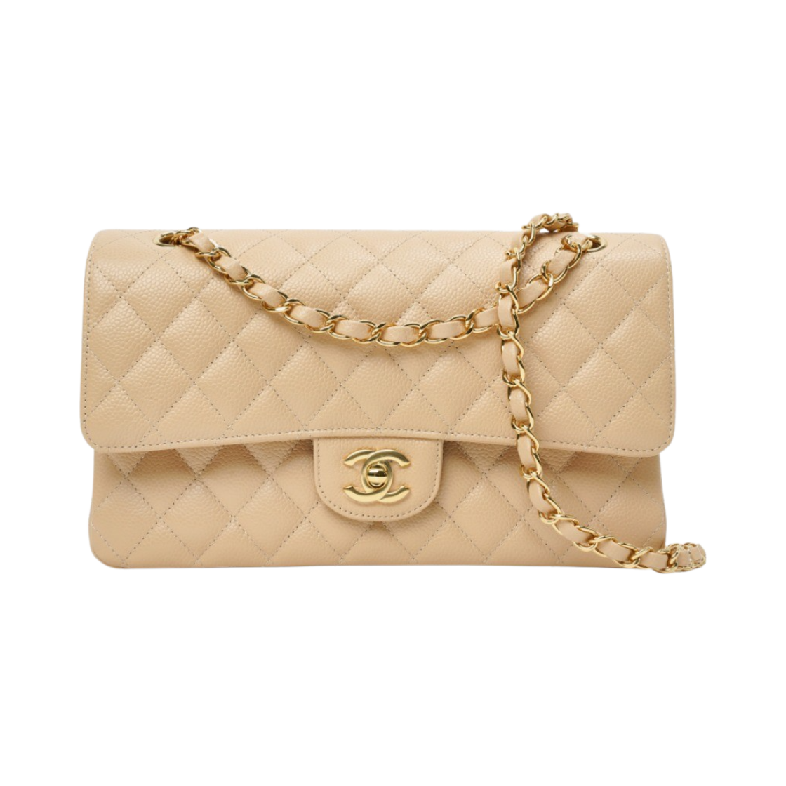 샤넬 클래식 미디움 플랩백 그레인드 카프스킨 & 골드 메탈 베이지(Chanel Medium Classic Handbag Grained Calfskin & Gold Beige)