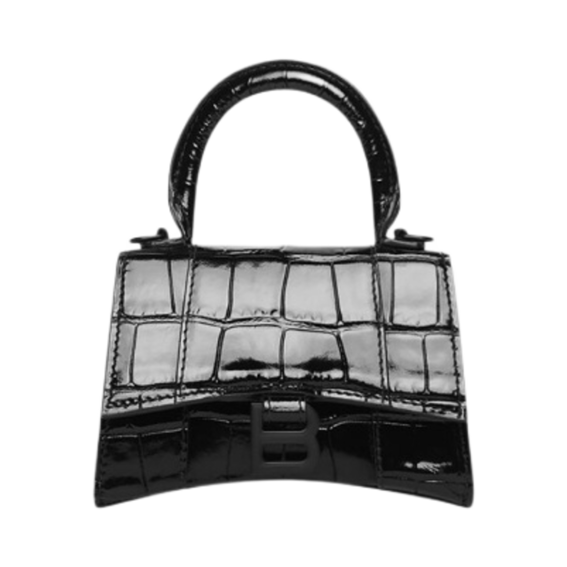 6646761LR671000 Balenciaga Crocodile Embossed Calfskin Hourglass Mini Handbag with Chain Black