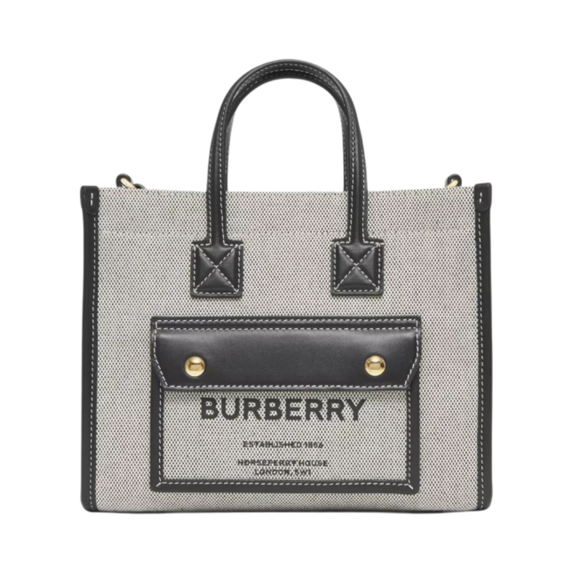 버버리 투톤 캔버스 레더 미니 프레야 토트백 블랙(Burberry Two-Tone Canvas and Leather Mini Freya Tote Black) - 1
