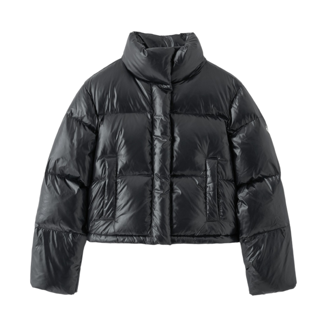 (W) 마리떼 프랑소와 저버 서클 로고 덕 다운 글로시 크롭 푸퍼 블랙((W) Marithe Francois Girbaud Circle Logo Duck Down Glossy Crop Puffer Black)