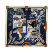 (W) Hermes Bagage A Main Scarf 90 Marine Cuir Vanille