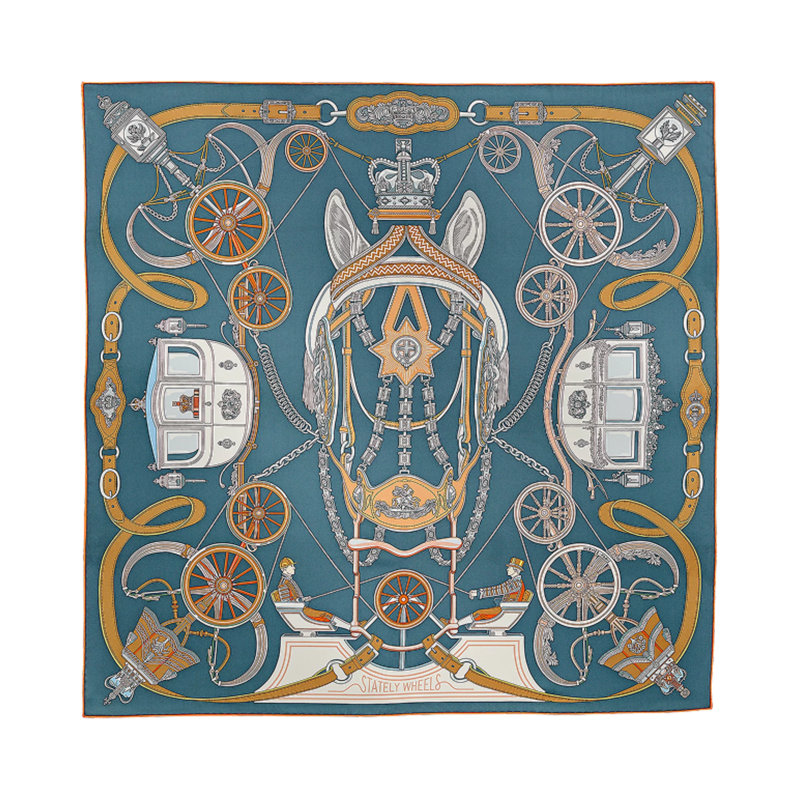 H004163S04 (W) Hermes Stately Wheels Scarf 90 Bleu Ardoise Blanc Orange