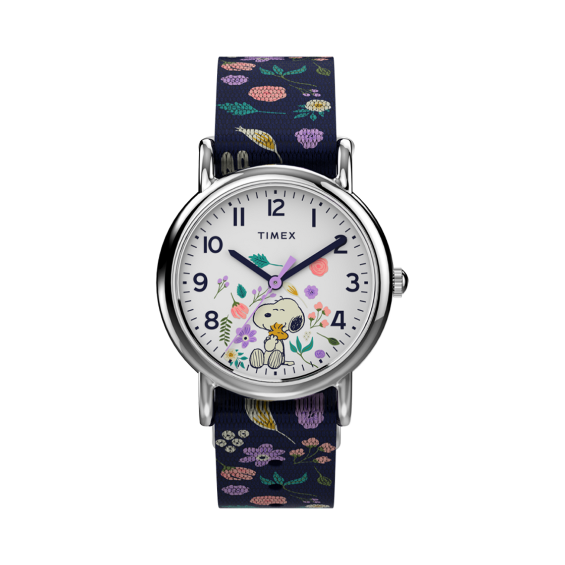 TW2V45900 Timex x Peanuts Weekender Floral 31mm Fabric Strap Watch Blue Silver Tone