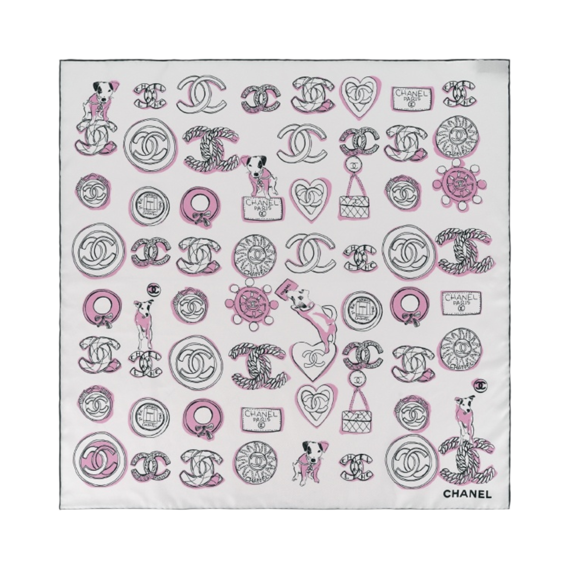 (W) 샤넬 스퀘어 스카프 실크 트윌 & 화이트 핑크 블랙((W) Chanel Square Scarf Silk Twill & White Pink Black) - 1