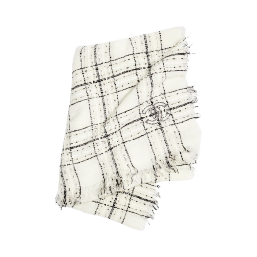 (W) Chanel Stole Wool Cotton Mixed Fibers & White Black
