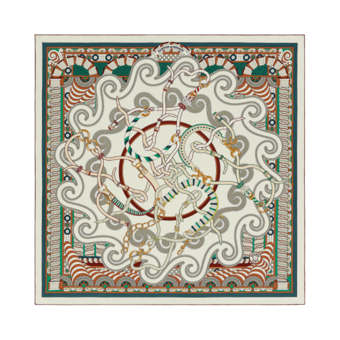 H243853S03 (W) Hermes Harnais en Rosace Shawl 140 Blanc Vert Brun