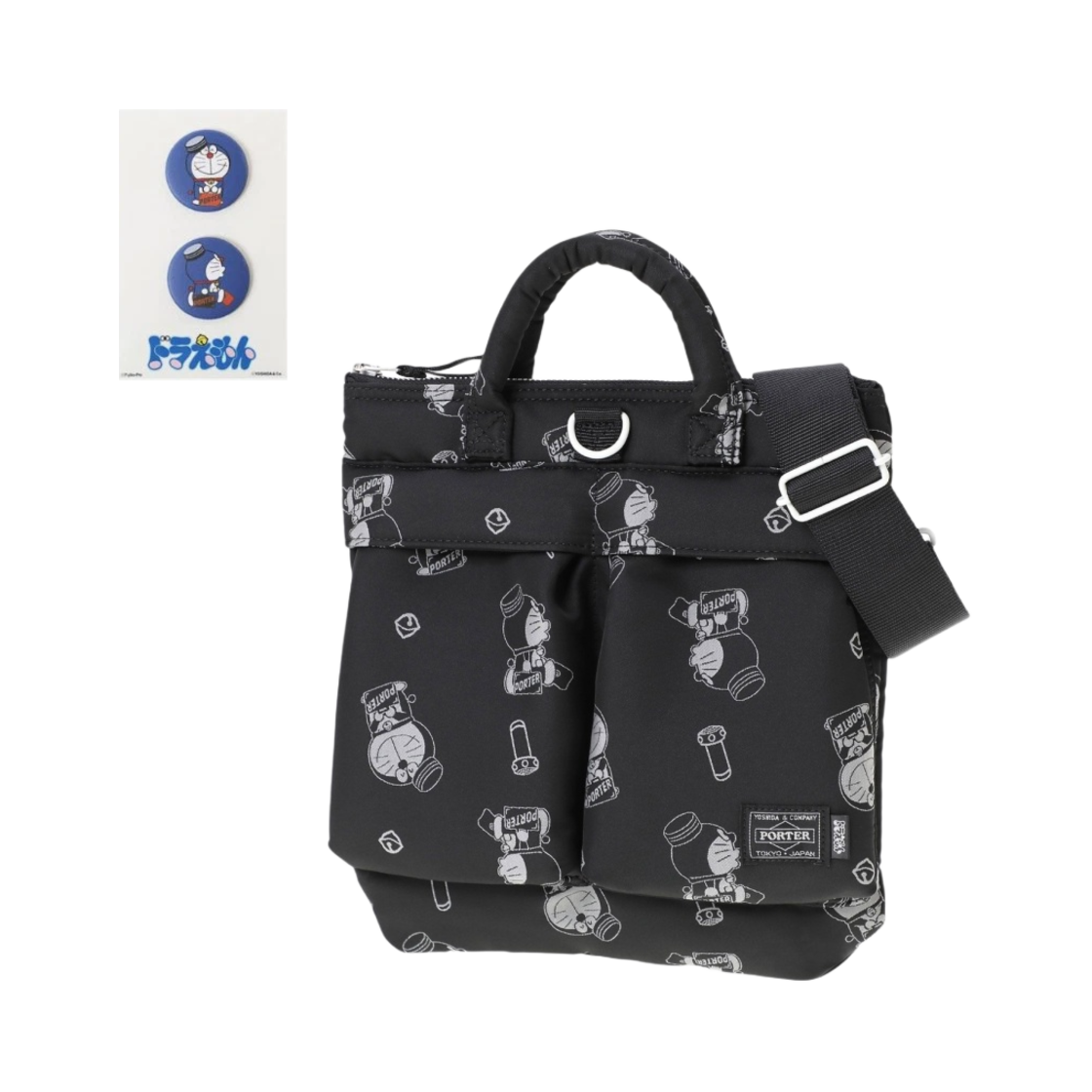 포터 x 도라에몽 헬멧백 블랙 (오리지널 캔 뱃지 포함)(Porter x Doraemon Helmet Bag Black (With Original Can Badge))