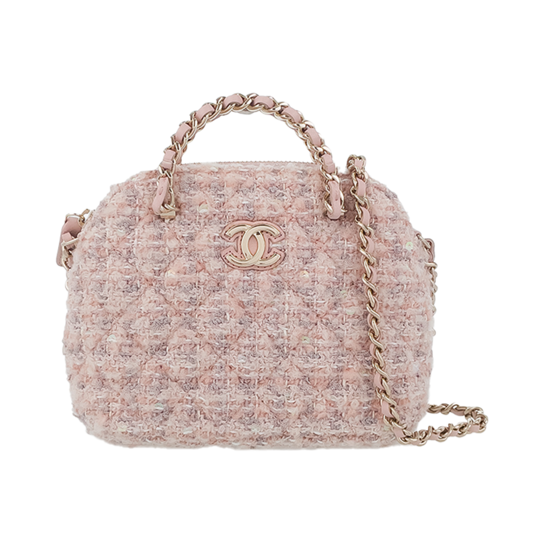 IT8GGADHACJK Chanel Top Handle Tweed Half Moon Crossbody Pink Champagne Gold