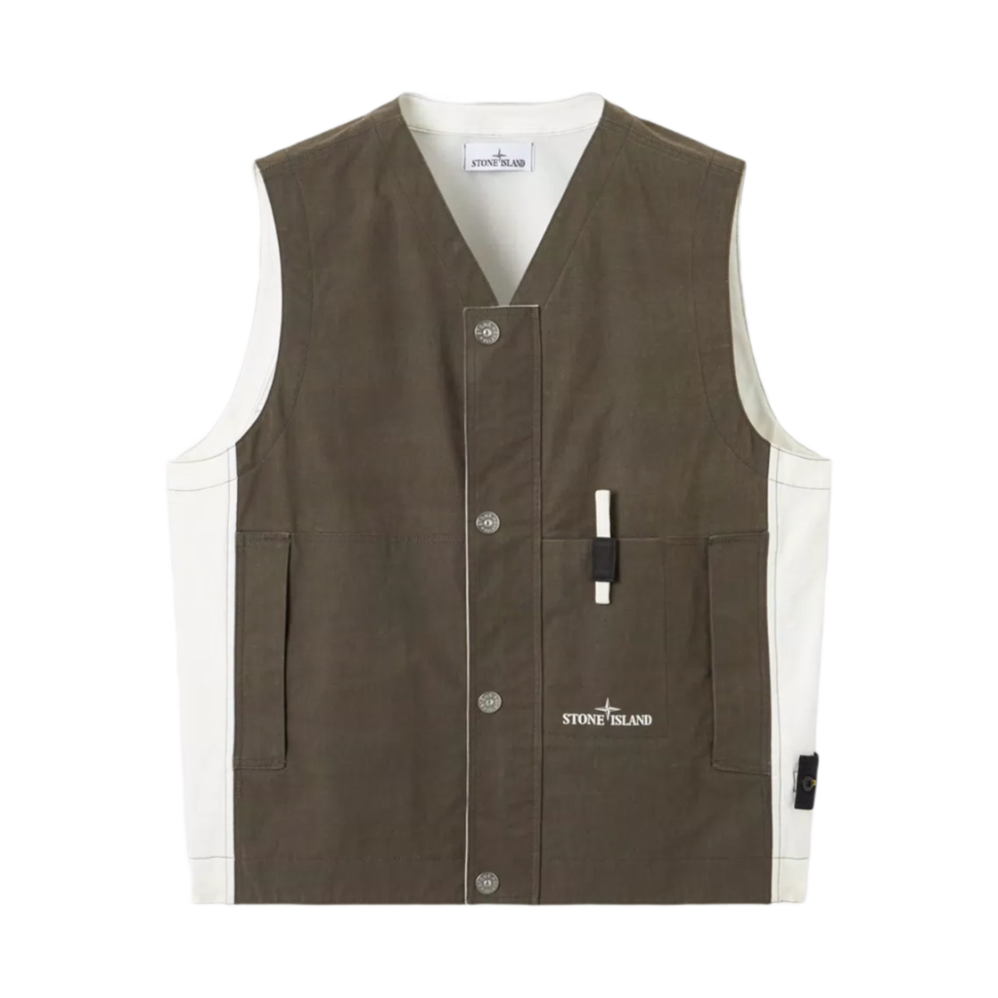 스톤 아일랜드 G100005 텔라 레지나타 베스트 컬러드 피그먼티드 레진 앤 콘트라스팅 인테리어 밀리터리 그린 - 25SS(Stone Island G100005 Tela Resinata Vest Coloured with Pigmented Resins and Contrasting Interior Military Green - 25SS) - 1
