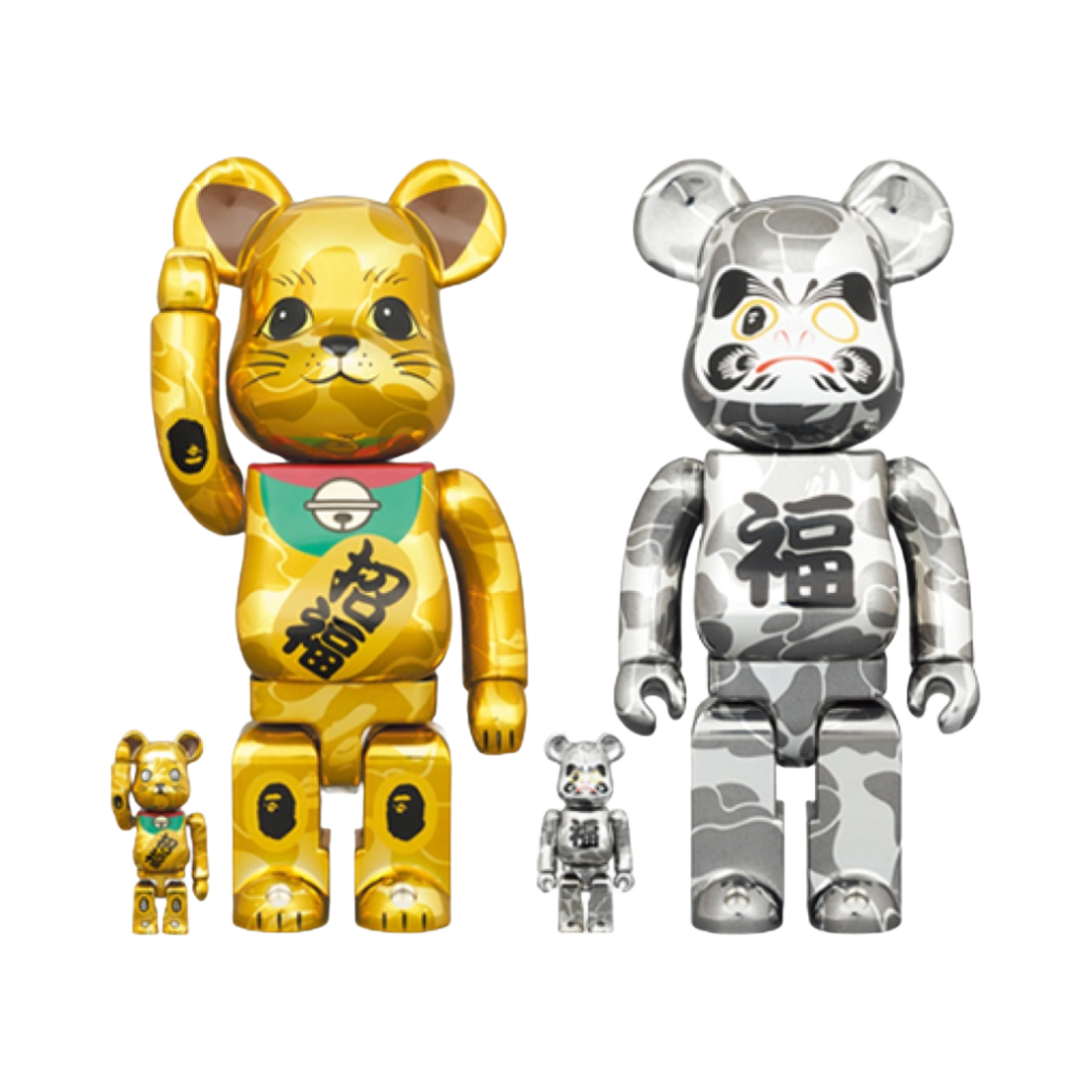 베어브릭 x 베이프 마네키네코 골드 플레팅 & 다루마 실버 플레팅 100% & 400% 세트 (2개 세트)(Bearbrick x BAPE Maneki Neko Gold Plated & Daruma Silver Plated 100% & 400% Set (Set of 2)) - 1